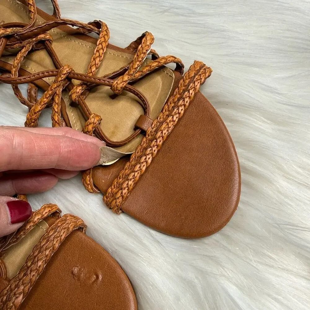 Anacapri Tan Braided Leather Ankle Wrap Gladiator Sandals